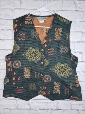 ​Vintage Stonebridge Tapestry Vest XL Boho Southwestern Geometric Button Up 90s
